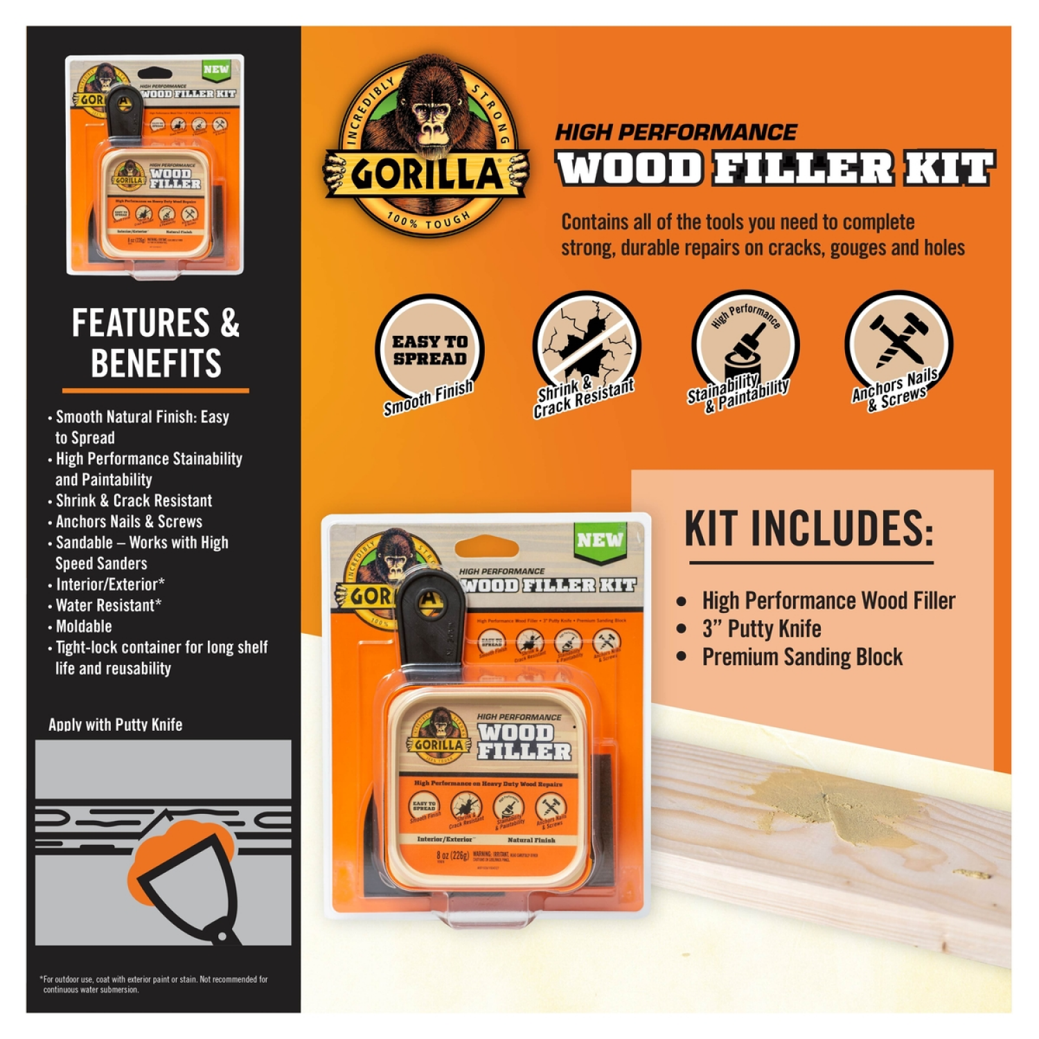 slide 3 of 4, Gorilla Wood Filler Kit 2pc, 2 ct
