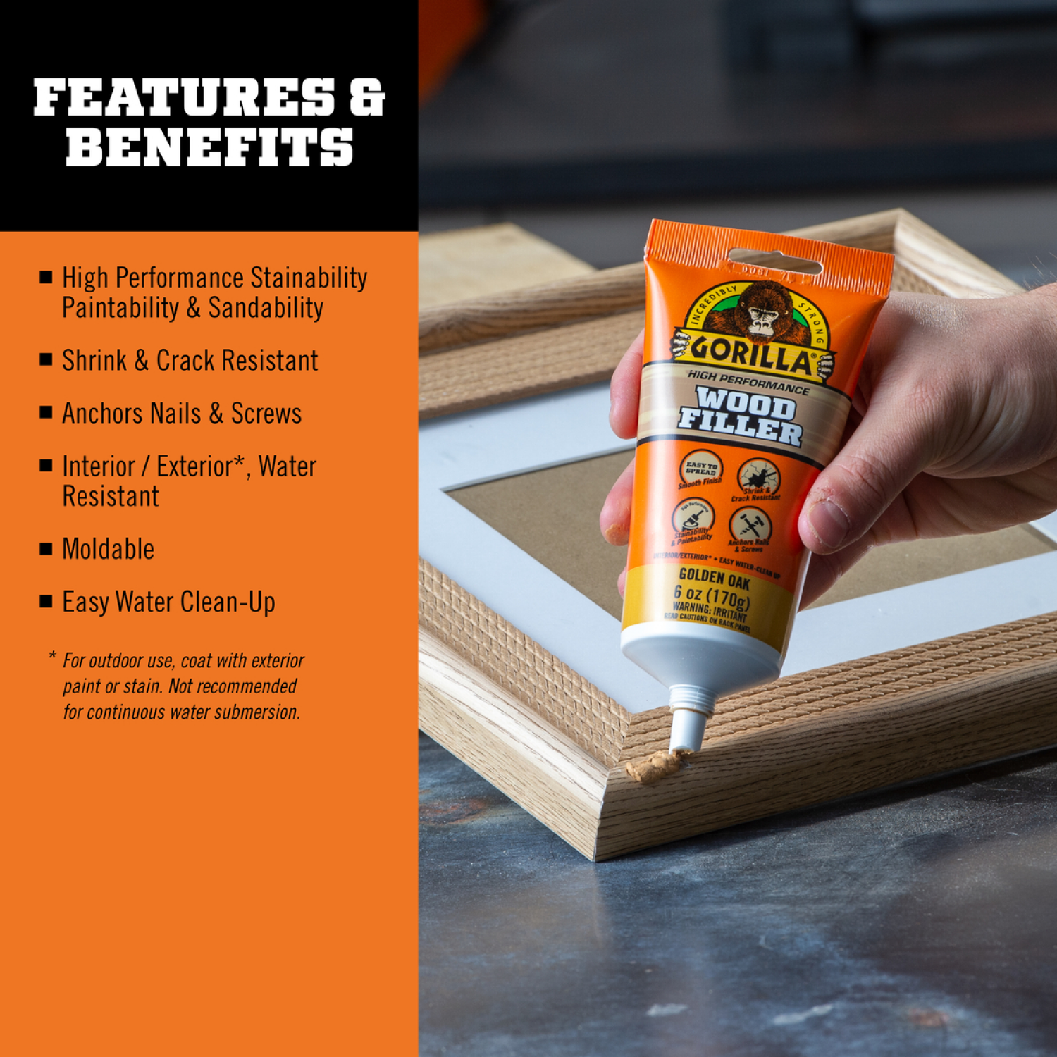 slide 3 of 4, Gorilla Golden Oak Wood Filler 6oz Tube, 6 oz