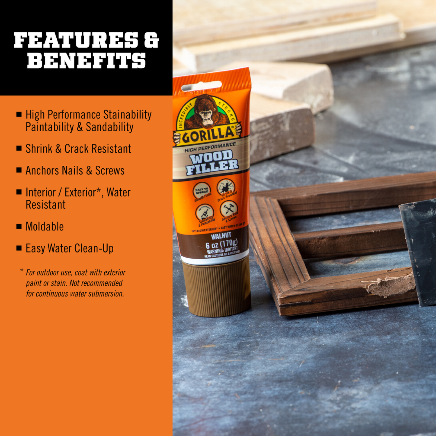 slide 3 of 4, Gorilla Walnut Wood Filler 6oz Tube, 6 oz