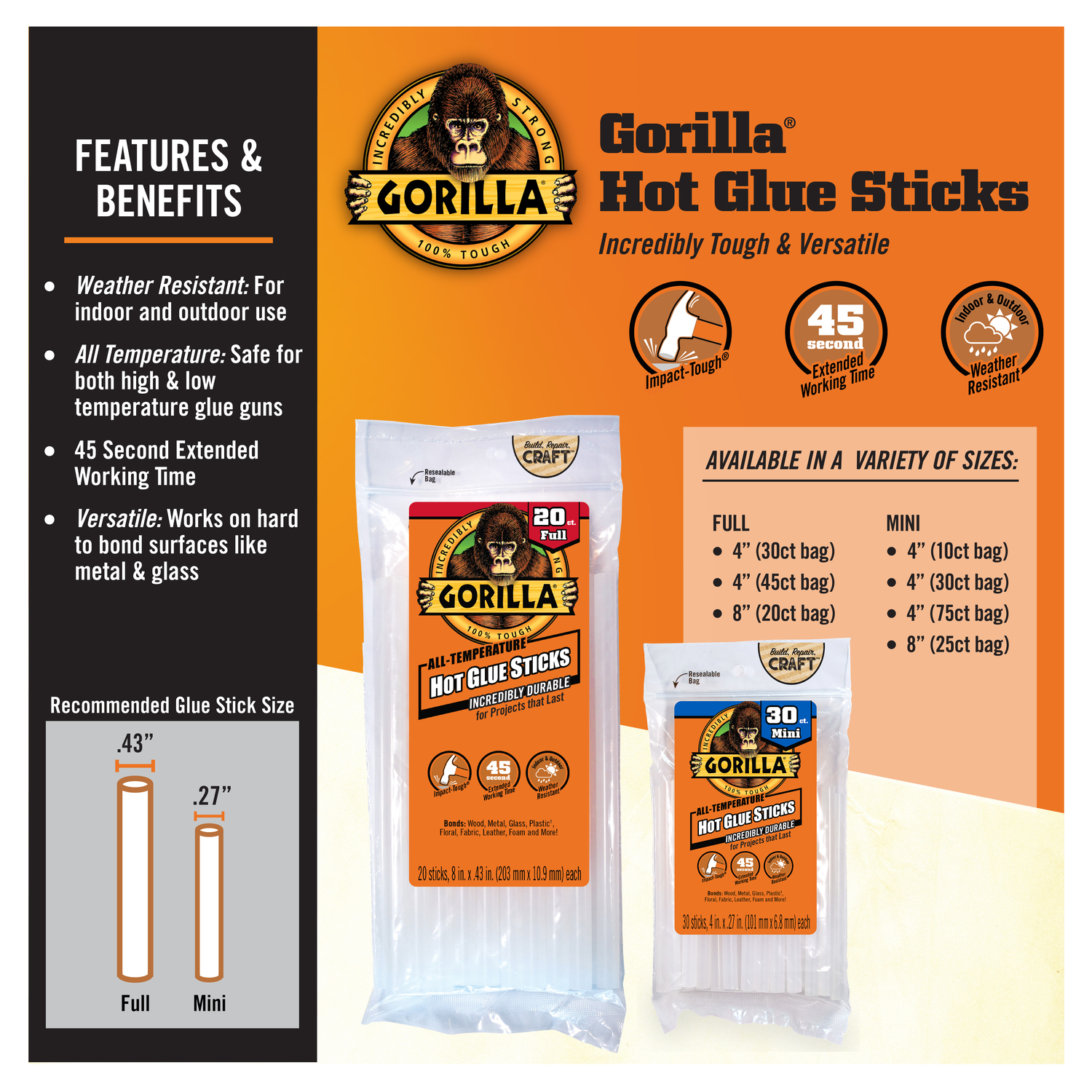 slide 3 of 3, Gorilla Hot Glue Sticks, 8'', 20 ct