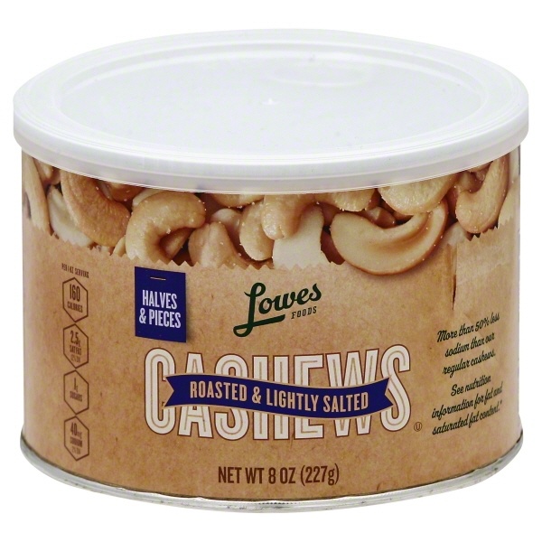 slide 1 of 1, Lowes Foods Cashews Halves Pieces Lightly Salted, 8 oz