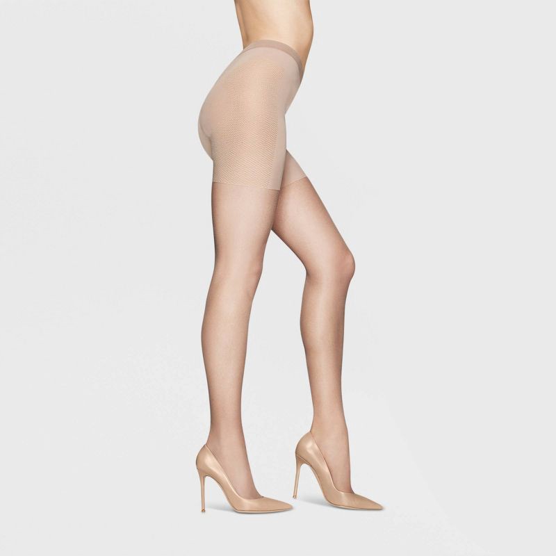slide 4 of 4, Hanes Premium Women's Sheer High-Waist Shaping Pantyhose - Nude L: Nylon & Spandex, Elastic Leg Opening, Tummy & Hip Slimming, 1 ct
