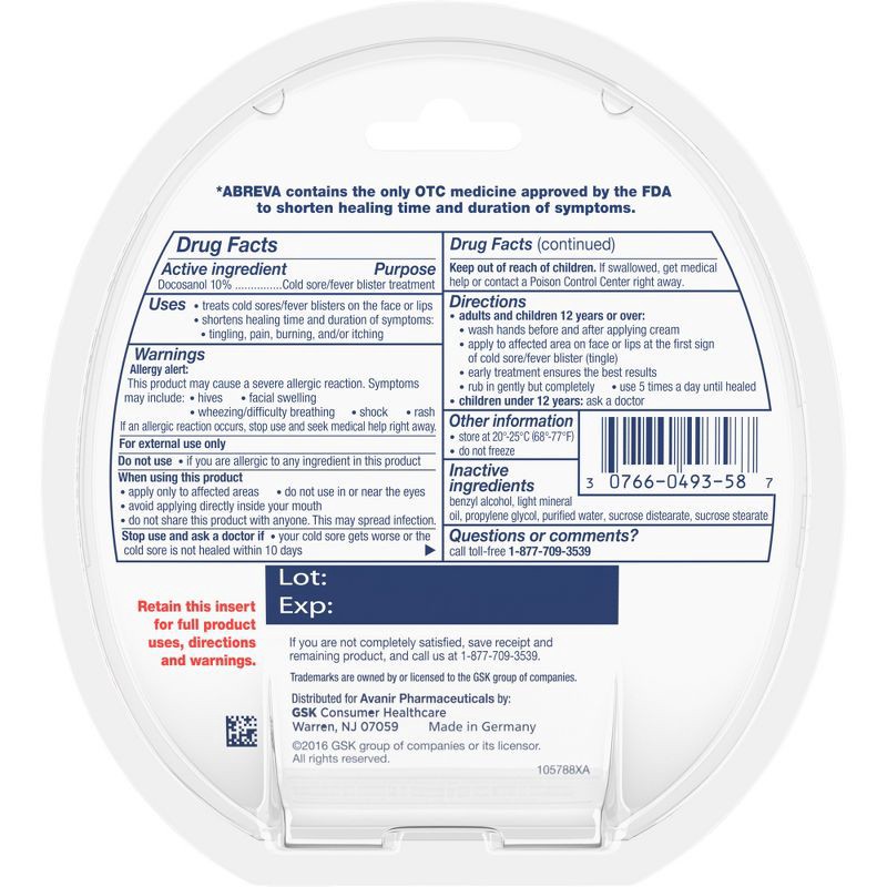 slide 6 of 6, Abreva Docosanol 10% Cream Cold Sore/Fever Blister Treatment Tube - 0.14oz, 0.14 oz