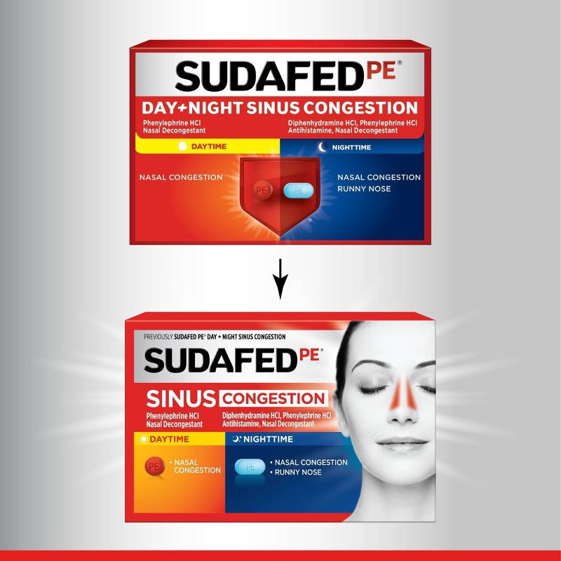 slide 2 of 6, Sudafed PE Day + Night Maximum Strength Sinus Decongestant Tablets - 20ct, 20 ct