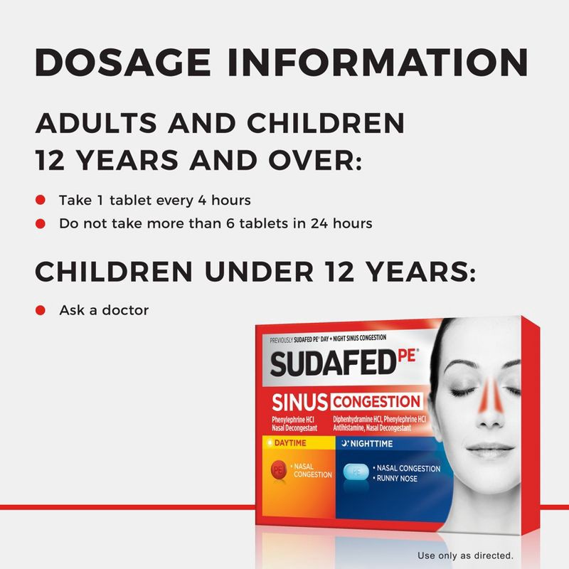 slide 3 of 6, Sudafed PE Day + Night Maximum Strength Sinus Decongestant Tablets - 20ct, 20 ct