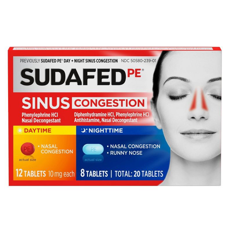 slide 1 of 6, Sudafed PE Day + Night Maximum Strength Sinus Decongestant Tablets - 20ct, 20 ct