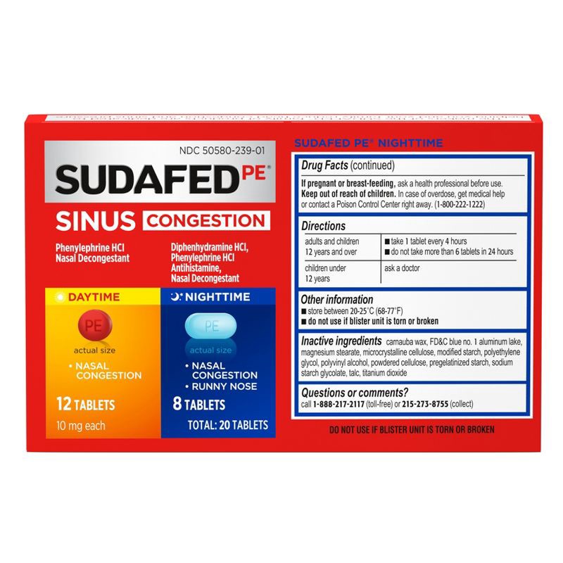 slide 4 of 6, Sudafed PE Day + Night Maximum Strength Sinus Decongestant Tablets - 20ct, 20 ct