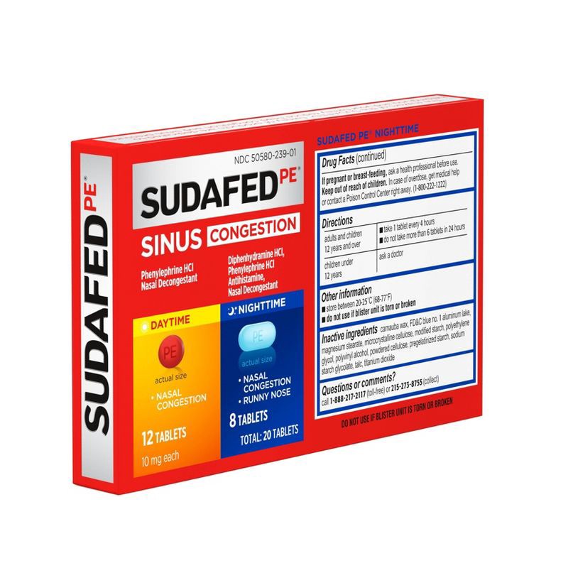 slide 6 of 6, Sudafed PE Day + Night Maximum Strength Sinus Decongestant Tablets - 20ct, 20 ct