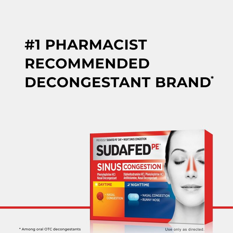 slide 5 of 6, Sudafed PE Day + Night Maximum Strength Sinus Decongestant Tablets - 20ct, 20 ct