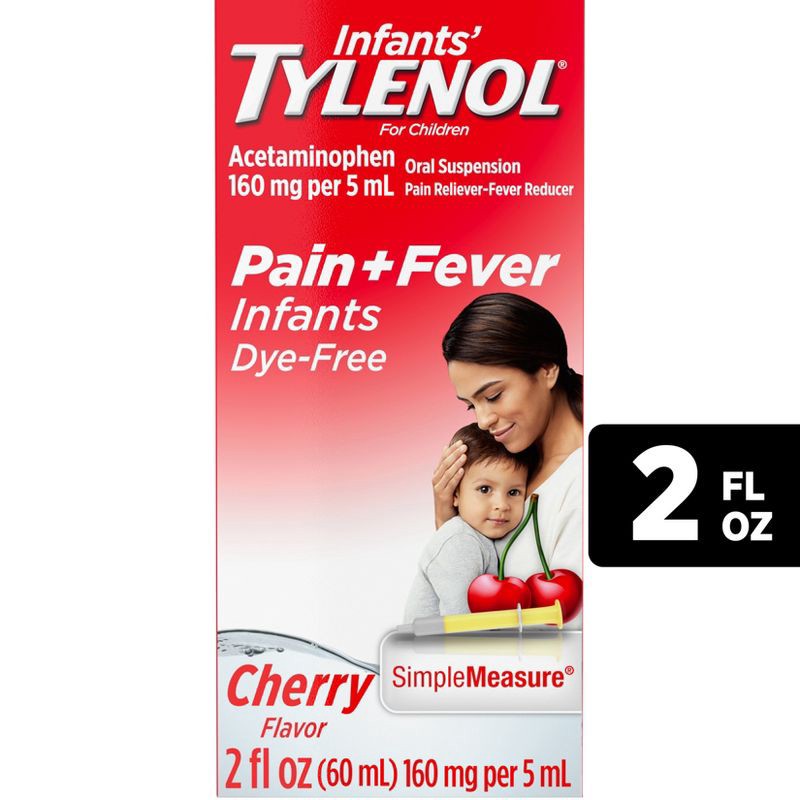 slide 1 of 9, Infants' Tylenol Pain & Fever Reducer Liquid - Acetaminophen - Dye-Free Cherry - 2 fl oz, 2 fl oz