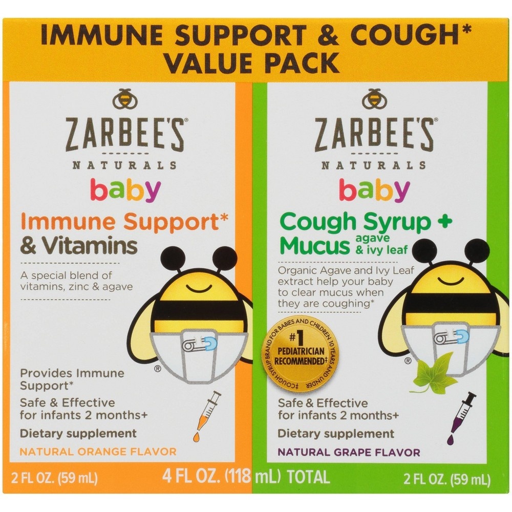 slide 2 of 10, Zarbee's Naturals Baby Immune Support & Cough Syrup/Mucus Reducer Value Pack - Orange & Grape, 2 fl oz, 2 ct