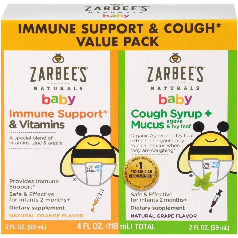 slide 3 of 10, Zarbee's Naturals Baby Immune Support & Cough Syrup/Mucus Reducer Value Pack - Orange & Grape, 2 fl oz, 2 ct