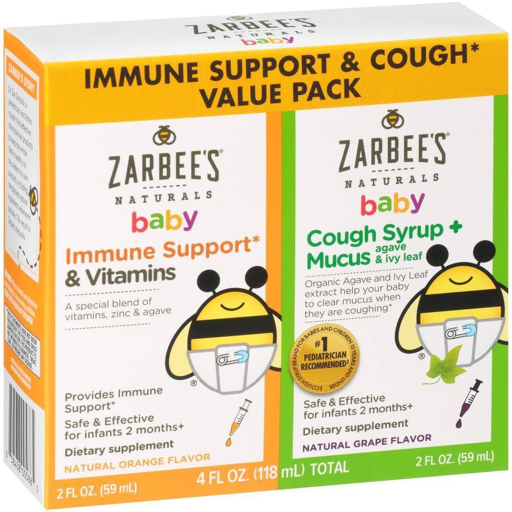 slide 4 of 10, Zarbee's Naturals Baby Immune Support & Cough Syrup/Mucus Reducer Value Pack - Orange & Grape, 2 fl oz, 2 ct