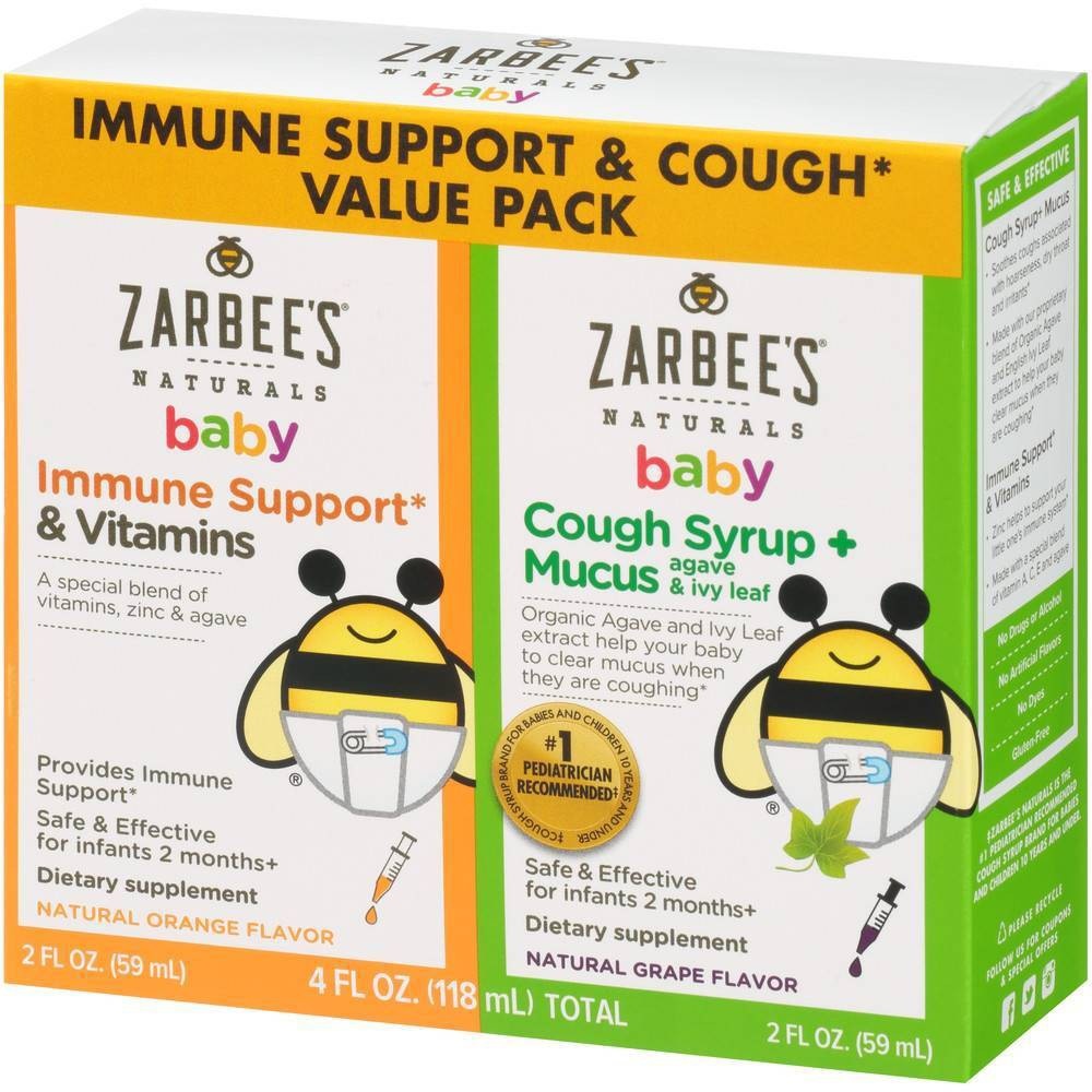 slide 5 of 10, Zarbee's Naturals Baby Immune Support & Cough Syrup/Mucus Reducer Value Pack - Orange & Grape, 2 fl oz, 2 ct