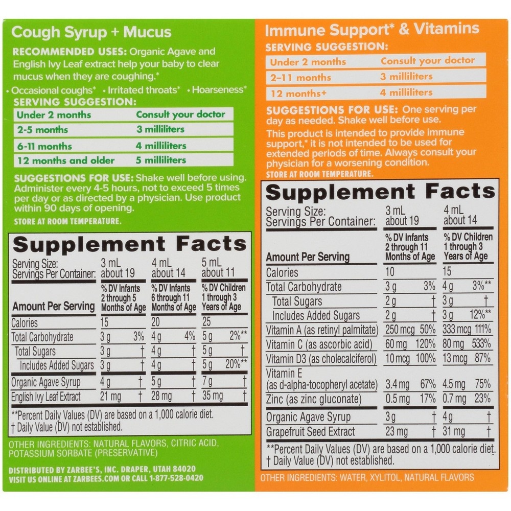 slide 6 of 10, Zarbee's Naturals Baby Immune Support & Cough Syrup/Mucus Reducer Value Pack - Orange & Grape, 2 fl oz, 2 ct