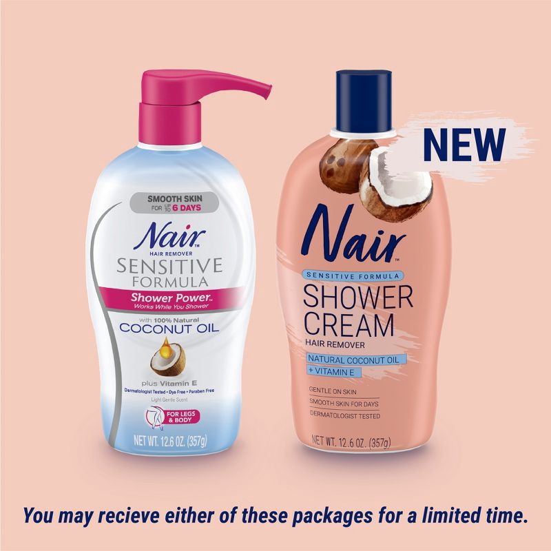slide 4 of 8, Nair Sensitive Formula Shower Cream Hair Remover, Coconut Oil and Vitamin E - 12.6oz, 12.6 oz