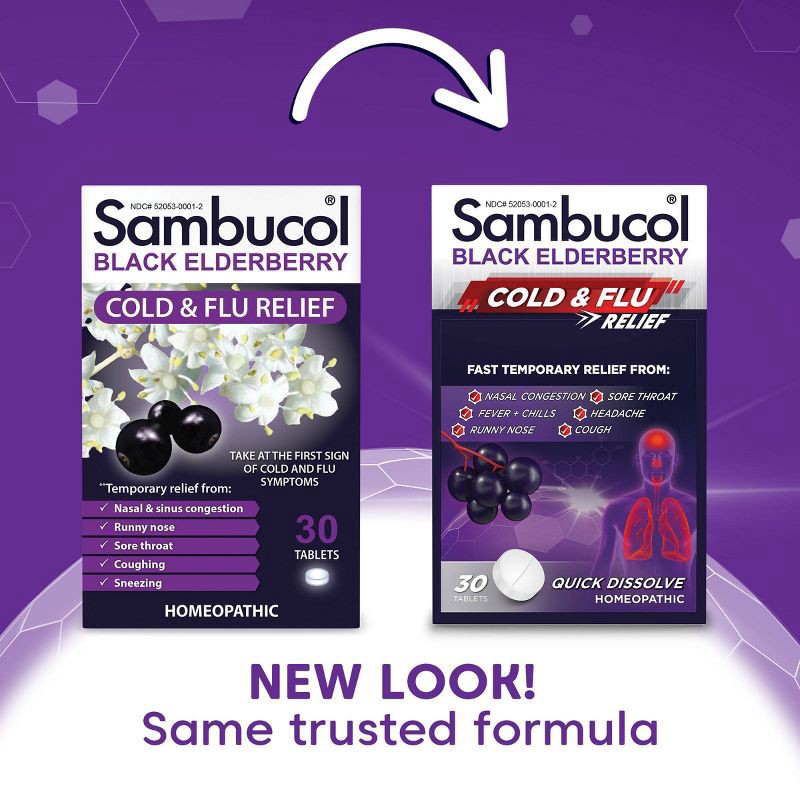 slide 3 of 8, Sambucol Black Elderberry Homeopathic Cold & Flu Relief Tablets - 30ct, 30 ct