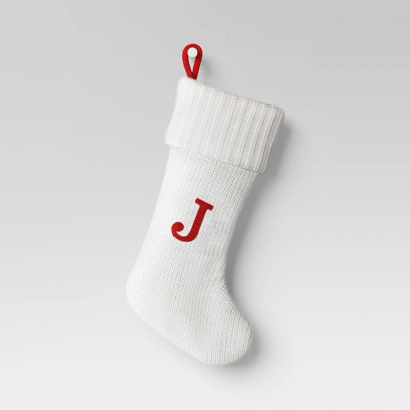 slide 1 of 3, Knit Monogram Christmas Stocking White J - Wondershop™: Initial Stocking, Holiday Decor, 20" x 8", Polyester & Acrylic, 1 ct