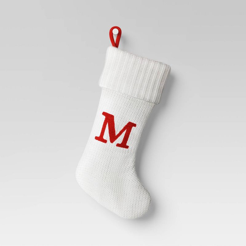 slide 1 of 3, Knit Monogram Christmas Stocking White M - Wondershop™: Festive Knit Fabric, 20"; Hang Loop, 1 ct