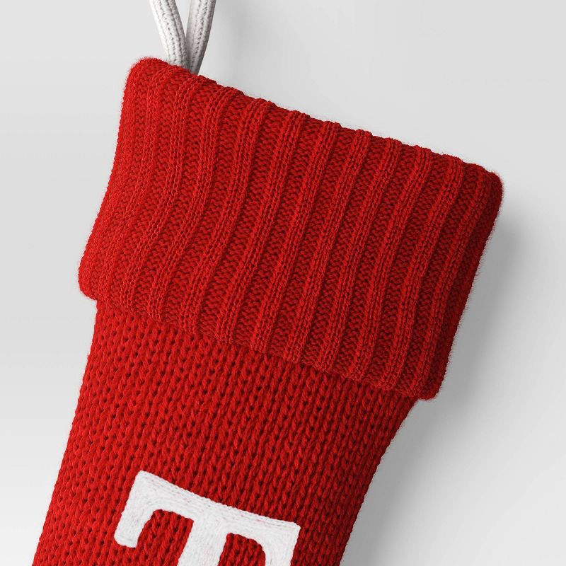 slide 3 of 3, Knit Monogram Christmas Stocking Red T - Wondershop™: Festive, 20" with Hanging Loop, 1 ct