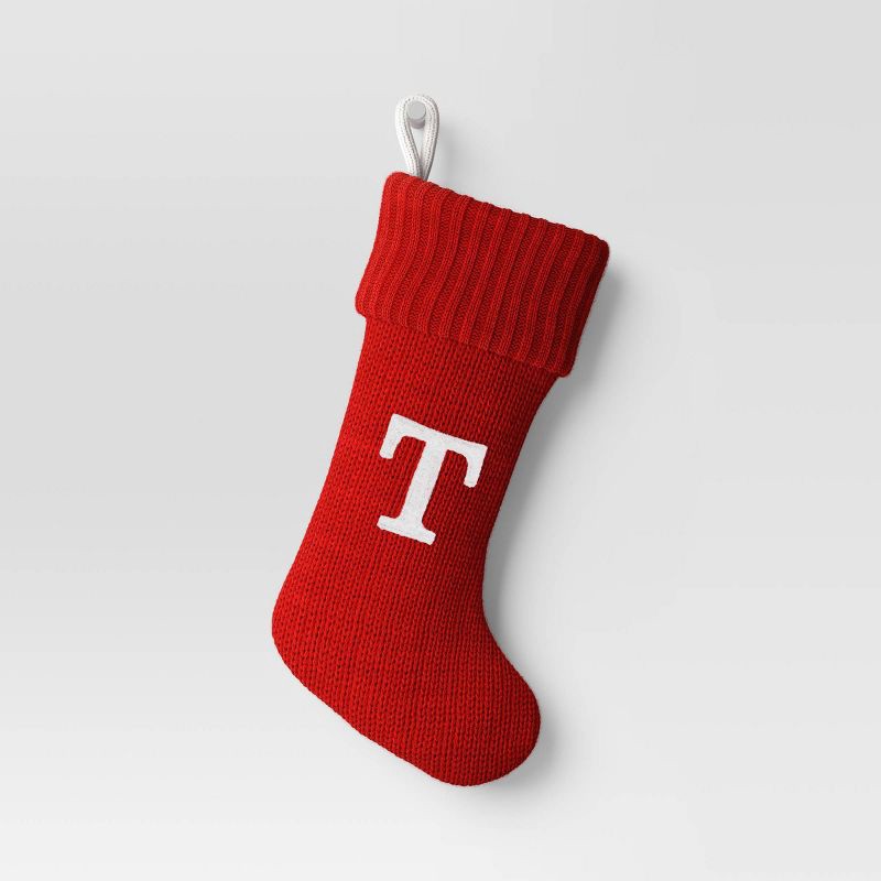 slide 1 of 3, Knit Monogram Christmas Stocking Red T - Wondershop™: Festive, 20" with Hanging Loop, 1 ct