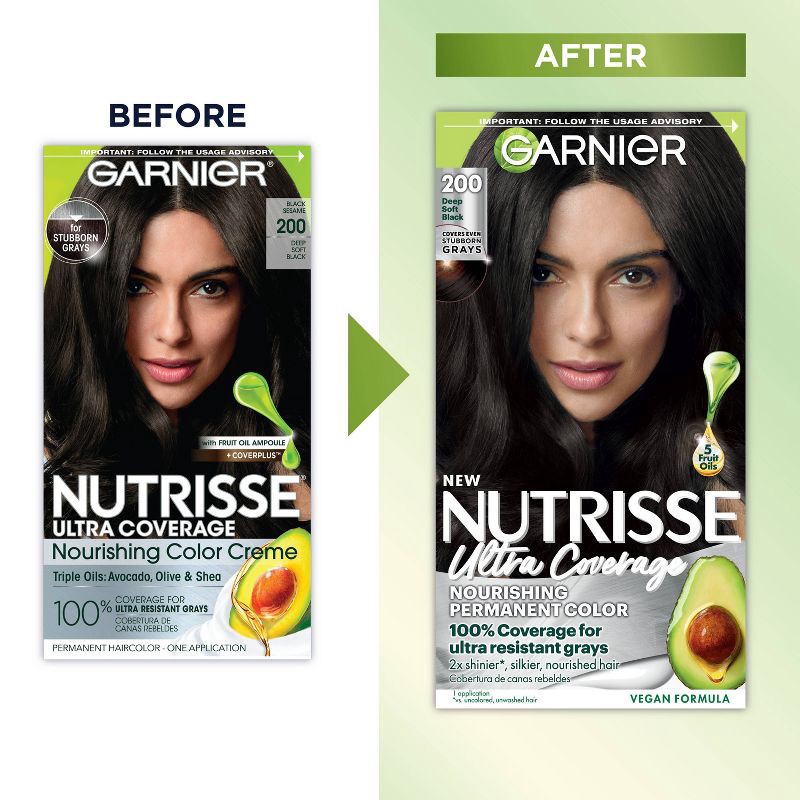 slide 10 of 11, Garnier Nutrisse Ultra Coverage 100% Gray Coverage Permanent Hair Color - 200 Deep Soft Black, 1 ct