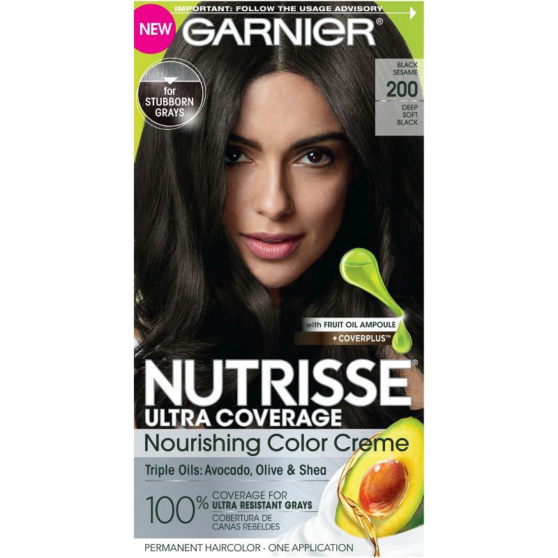 slide 1 of 6, Garnier Nutrisse Ultra Coverage 100% Gray Coverage Permanent Hair Color - 200 Deep Soft Black, 1 ct