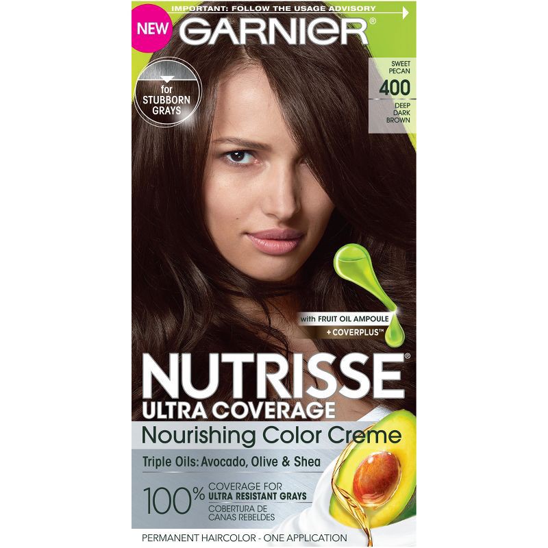 slide 1 of 6, Garnier Nutrisse Ultra Coverage 100% Gray Coverage Permanent Hair Color - 400 Deep Dark Brown, 1 ct