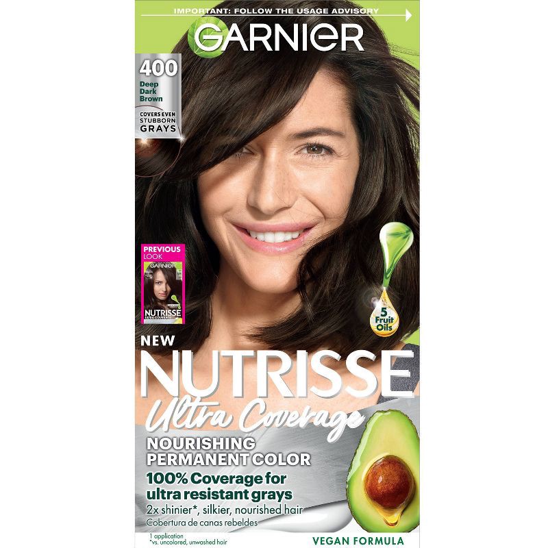 slide 1 of 10, Garnier Nutrisse Ultra Coverage 100% Gray Coverage Permanent Hair Color - 400 Deep Dark Brown, 1 ct