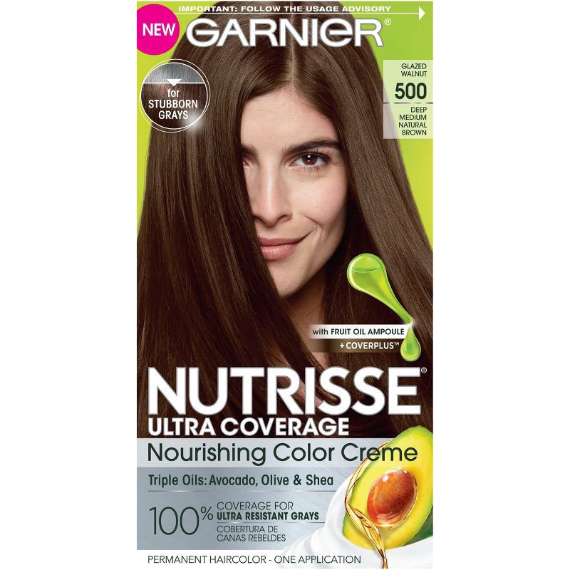 slide 1 of 6, Garnier Nutrisse Ultra Coverage 100% Gray Coverage Permanent Hair Color - 500 Medium Brown, 1 ct