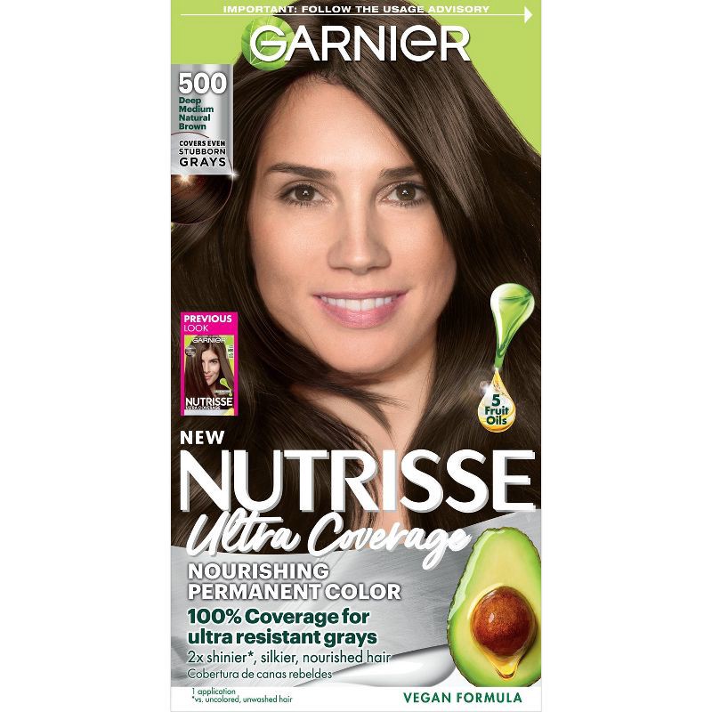 slide 1 of 11, Garnier Nutrisse Ultra Coverage 100% Gray Coverage Permanent Hair Color - 500 Medium Brown, 1 ct