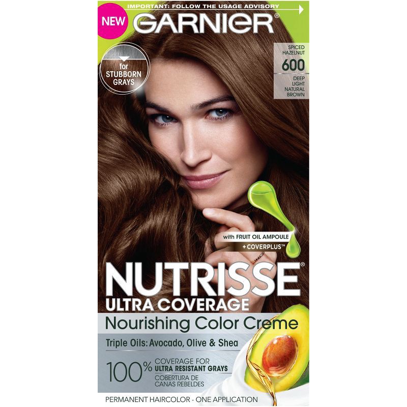 slide 1 of 5, Garnier Nutrisse Ultra Coverage 100% Gray Coverage Permanent Hair Color - 600 Deep Light Natural Brown, 1 ct