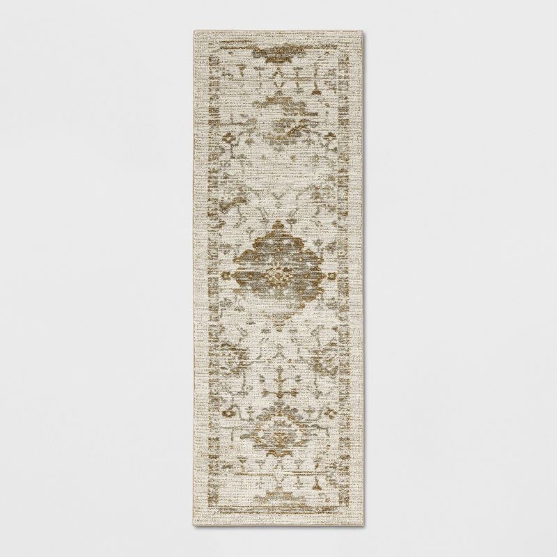 slide 1 of 5, 2'4"x7' Washable Vintage Tufted Distressed Runner Rug Tan - Threshold™, 1 ct