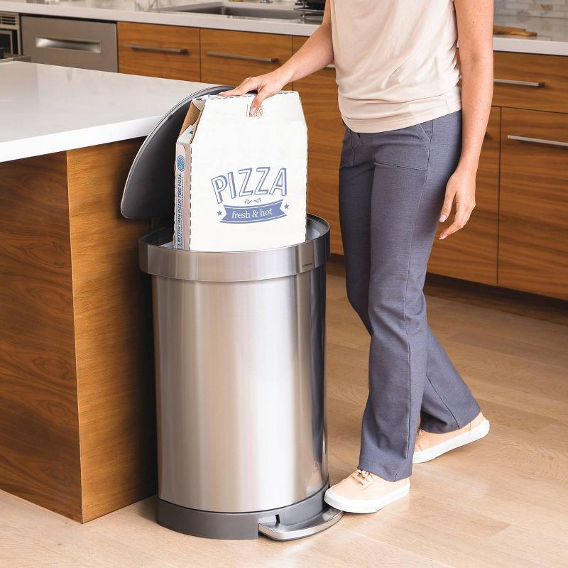 slide 4 of 8, simplehuman 45L Semi-Round Liner Rim Kitchen Step Trash Can Stainless Steel: 2-Year Warranty, Brushed Finish, Silver, 45 liter