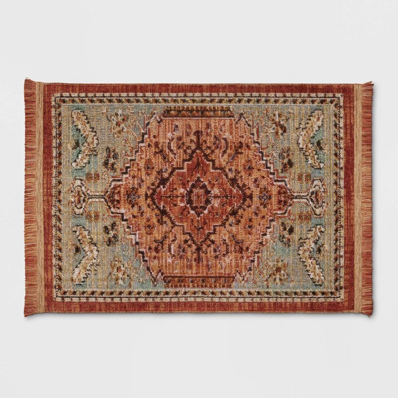slide 1 of 3, 2'x3' Floral Woven Accent Rug Rust/Green - Threshold™: Traditional Botanical Flat Pile, Stain-Resistant, Indoor Use, 1 ct