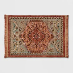 2'x3' Floral Woven Accent Rug Rust/Green - Threshold™: Traditional Botanical Flat Pile, Stain-Resistant, Indoor Use