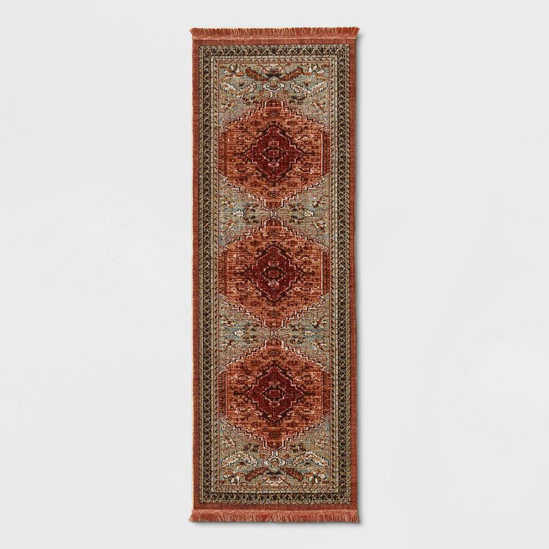 slide 1 of 3, 2'4"x7' Floral Woven Runner Rug Rust/Green - Threshold™: Traditional Persian Style, Indoor Botanical Accent, 1 ct
