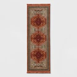 2'4"x7' Floral Woven Runner Rug Rust/Green - Threshold™: Traditional Persian Style, Indoor Botanical Accent