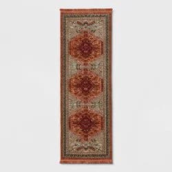 2'4"x7' Floral Woven Runner Rug Rust/Green - Threshold™: Traditional Persian Style, Indoor Botanical Accent