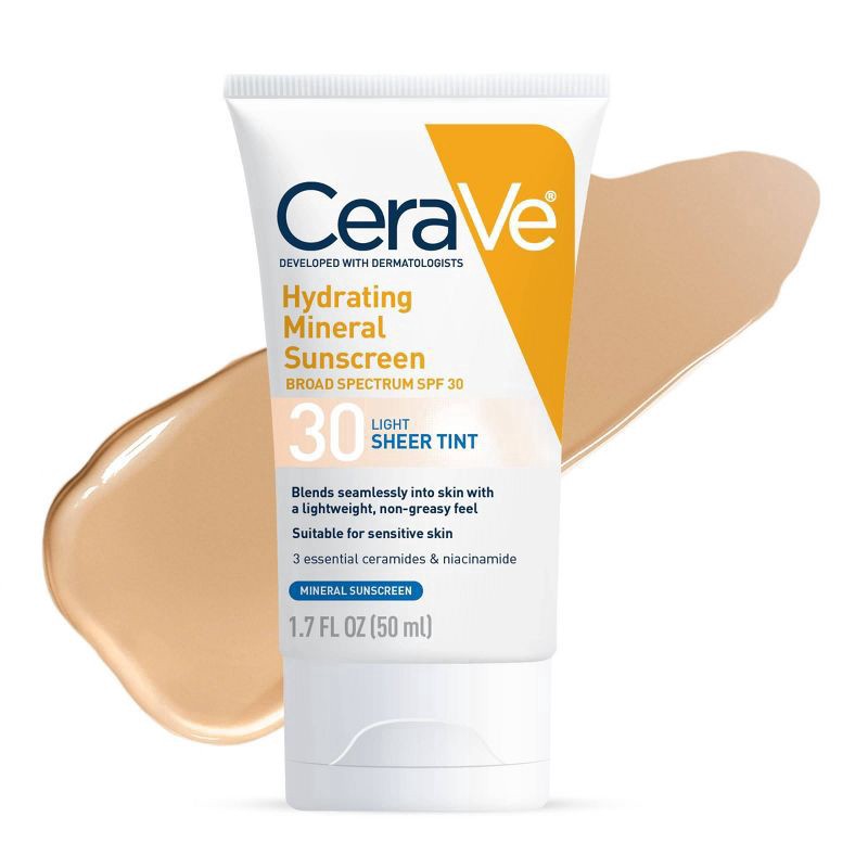 slide 10 of 10, CeraVe Hydrating Mineral Sunscreen Face Sheer Light Tint - SPF 30 - 1.7 fl oz, 0 x 1.7 fl oz