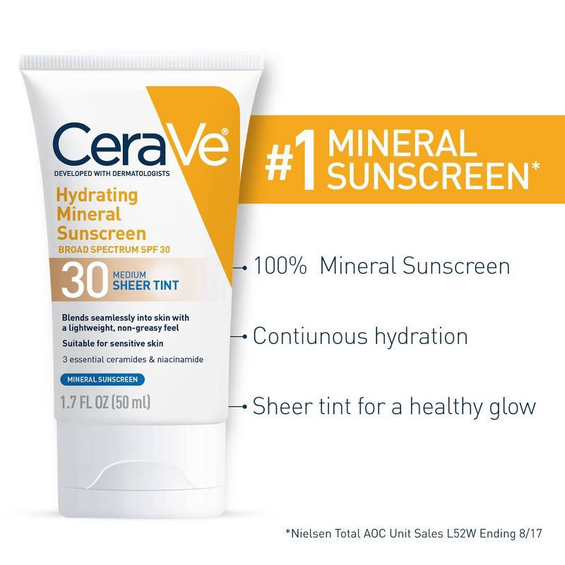 slide 6 of 10, CeraVe Hydrating Mineral Sunscreen Face Sheer Light Tint - SPF 30 - 1.7 fl oz, 0 x 1.7 fl oz