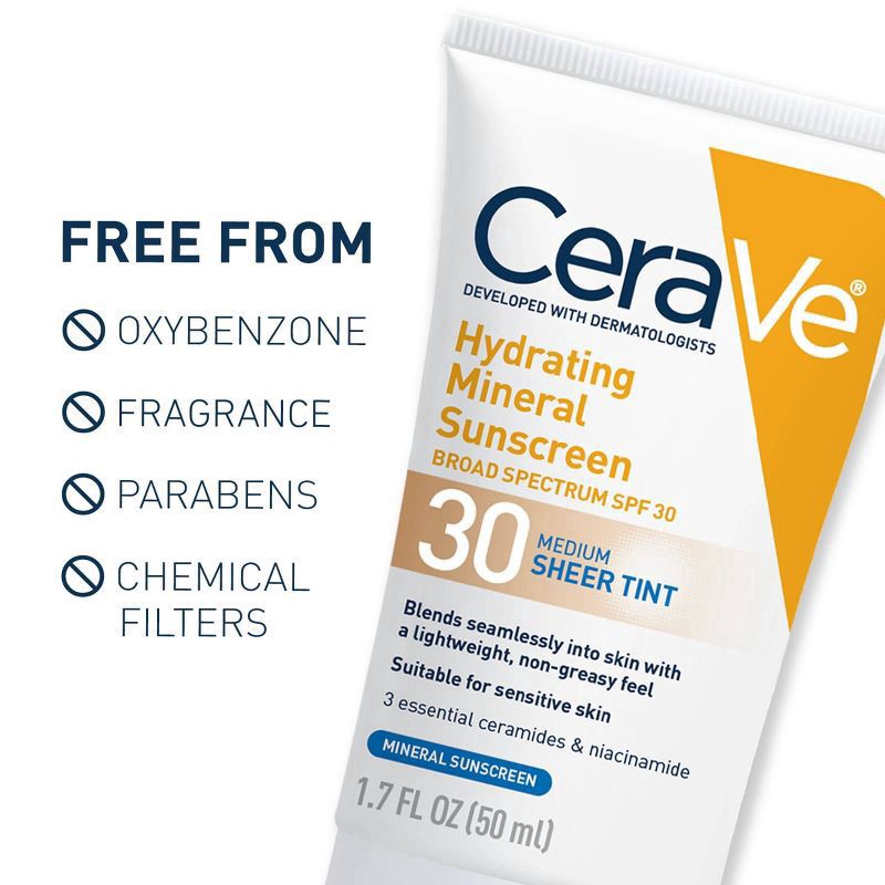 slide 5 of 10, CeraVe Hydrating Mineral Sunscreen Face Sheer Light Tint - SPF 30 - 1.7 fl oz, 0 x 1.7 fl oz