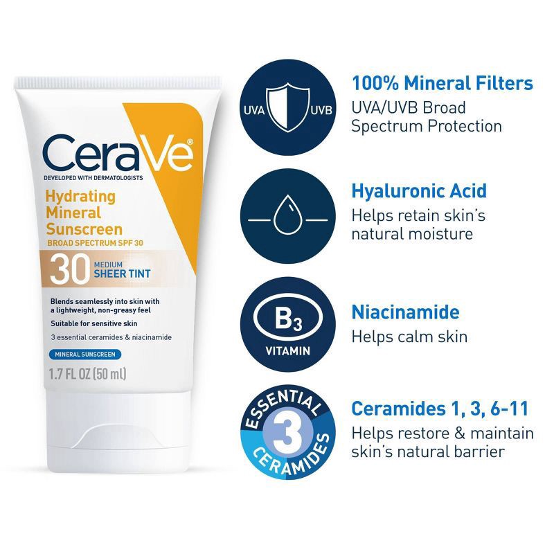 slide 3 of 10, CeraVe Hydrating Mineral Sunscreen Face Sheer Light Tint - SPF 30 - 1.7 fl oz, 0 x 1.7 fl oz
