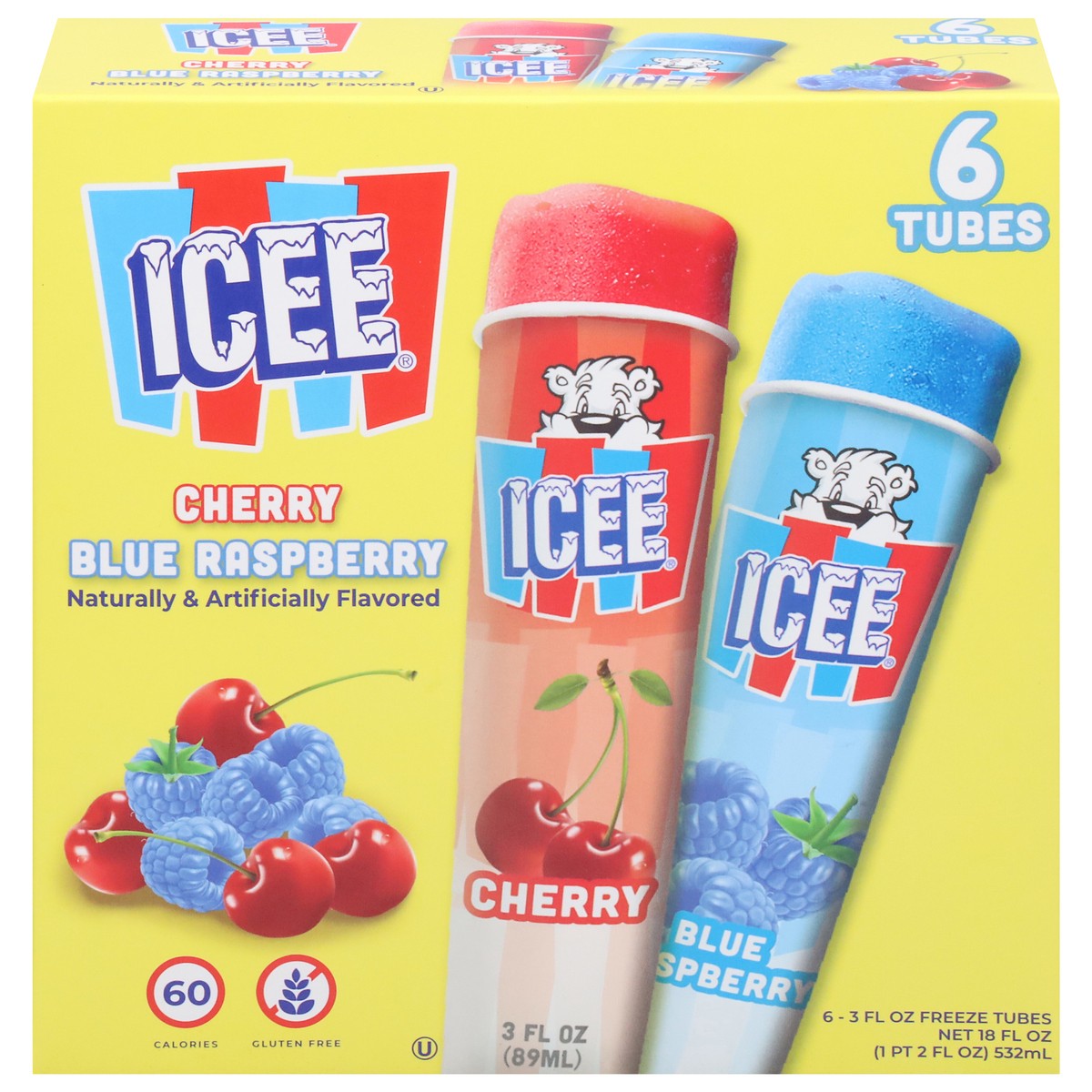 slide 1 of 8, Icee Tubes Blue Raspberry & Cherry 18 Oz, 6 ct; 3 fl oz