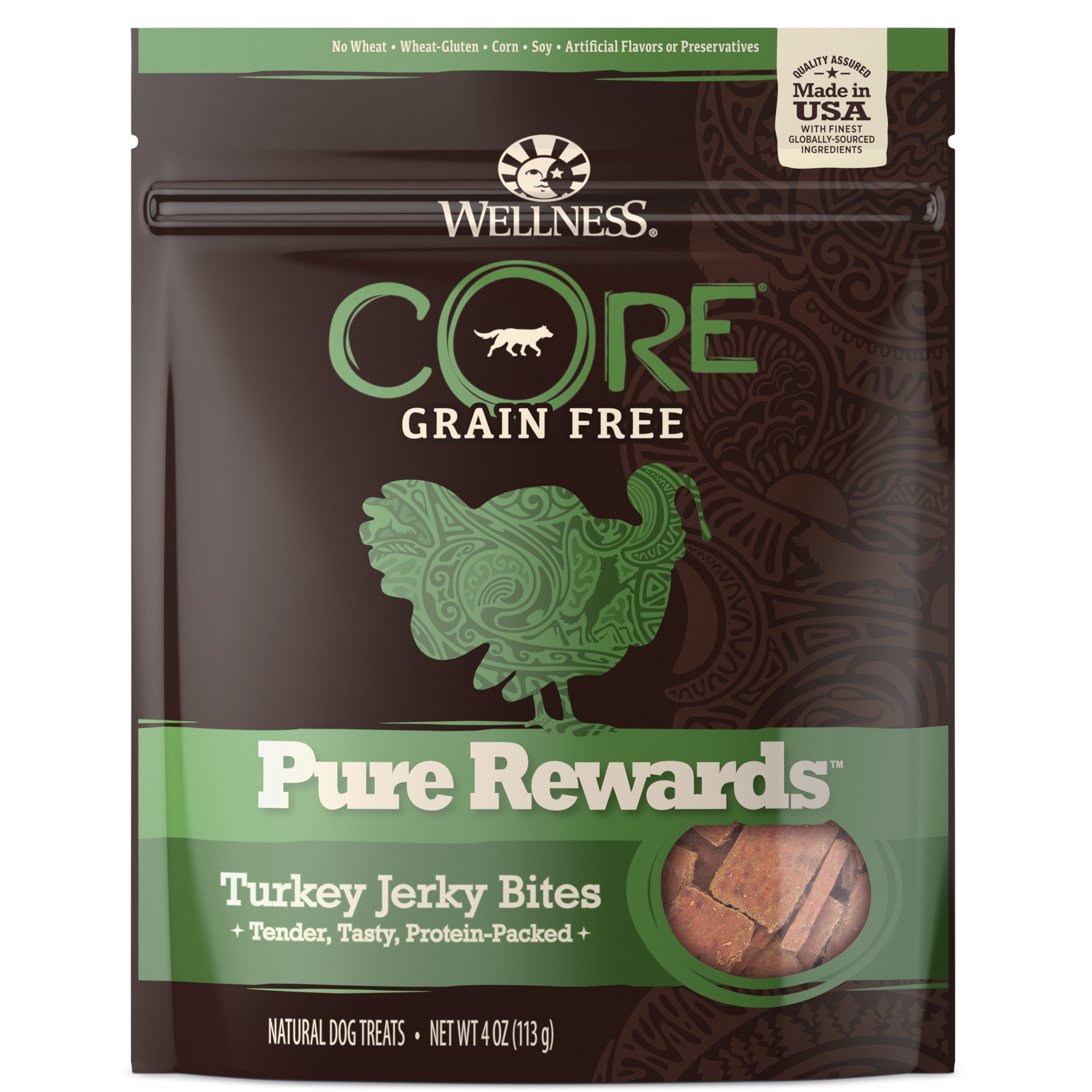 slide 1 of 4, Wellness CORE Pure Rewards Natural Grain Free Jerky Bites Dog Treats, Turkey Recipe, 4-Ounce Bag, 4 oz