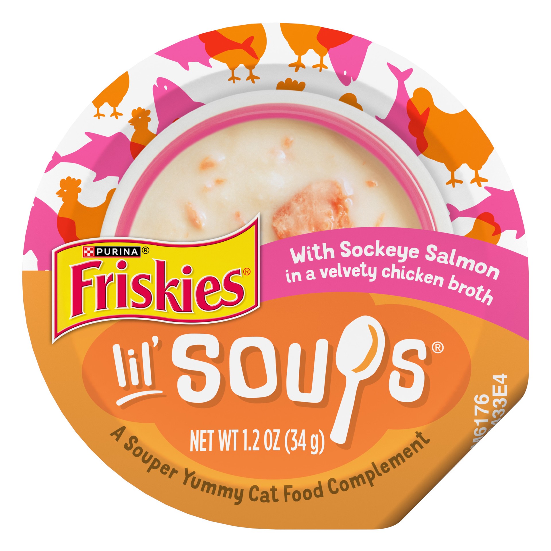 slide 1 of 7, Friskies Purina Friskies Grain Free Lickable Cat Food Toppers Lil'' Soups With Sockeye Salmon in Chicken Broth, 1.2 oz