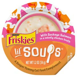 Purina Friskies Grain Free Lickable Cat Food Toppers Lil’ Soups With Sockeye Salmon in Chicken Broth