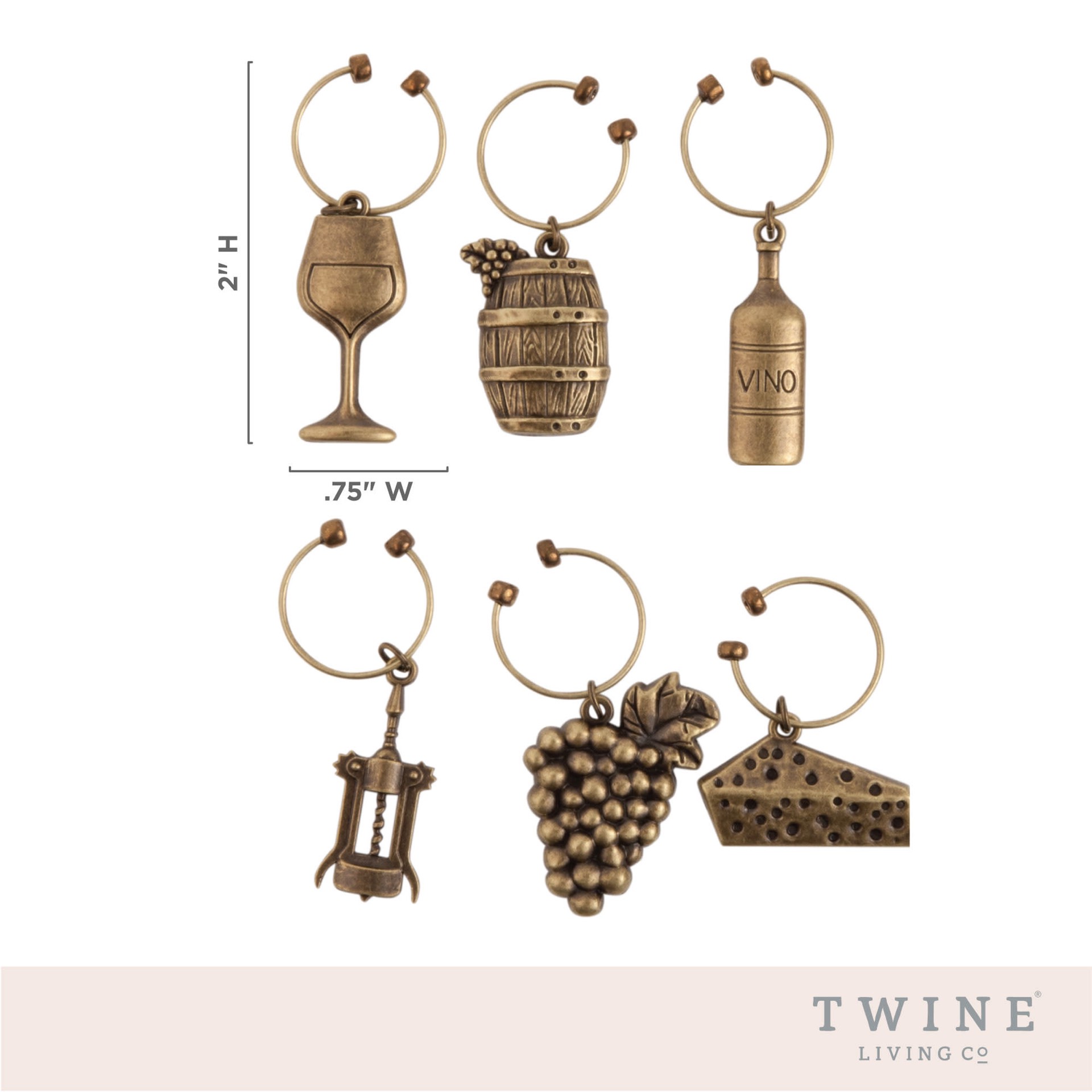 slide 3 of 5, Twine Antiqued farmhouse decor wine charms and drink markers for wine glasses, 6 count, 1 ct