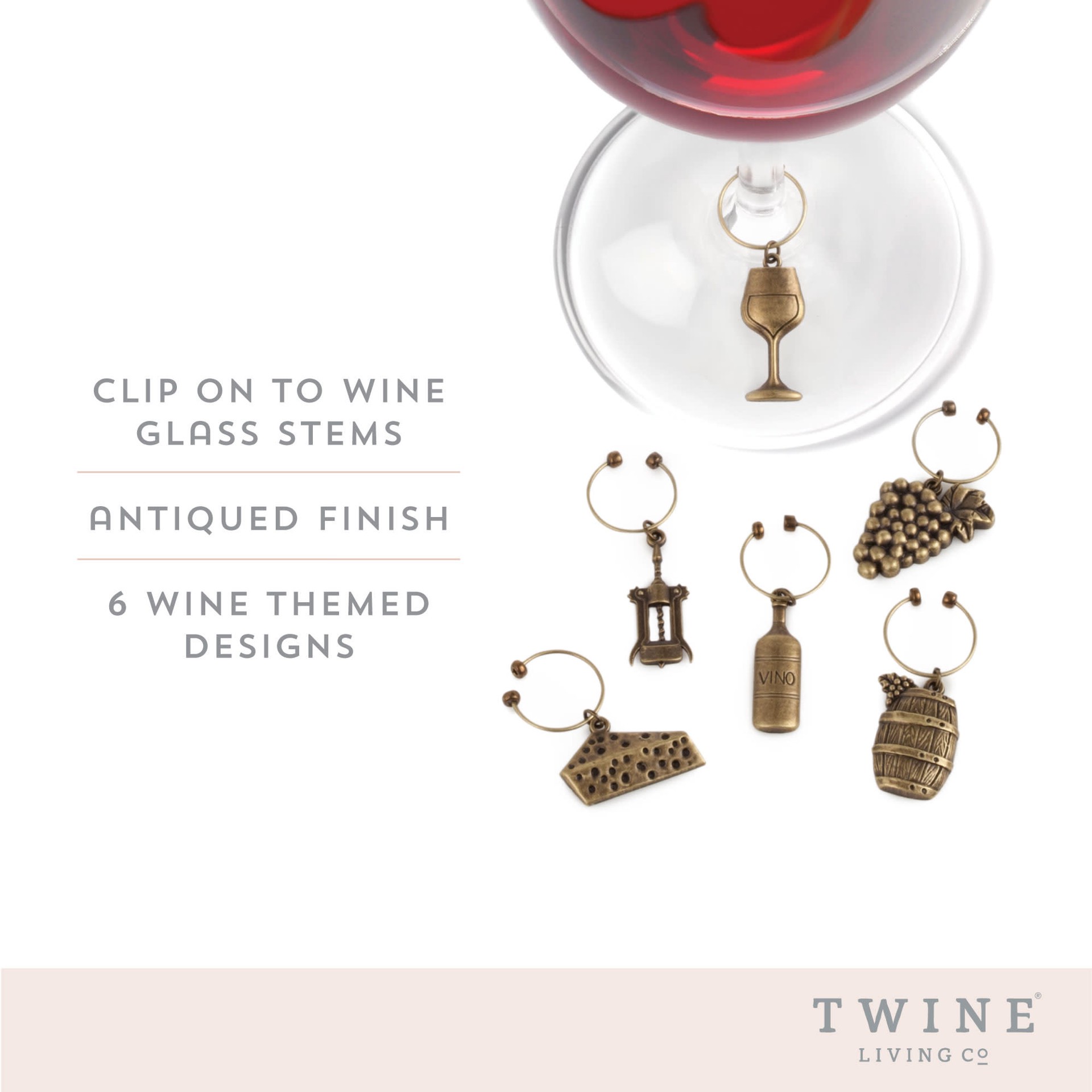 slide 2 of 5, Twine Antiqued farmhouse decor wine charms and drink markers for wine glasses, 6 count, 1 ct