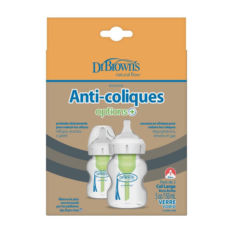slide 17 of 17, Dr. Brown's Anti-Colic Options+ Wide-Neck Glass Baby Bottle with Level 1 Slow Flow Nipple - Clear - 5oz/2pk, 5 oz